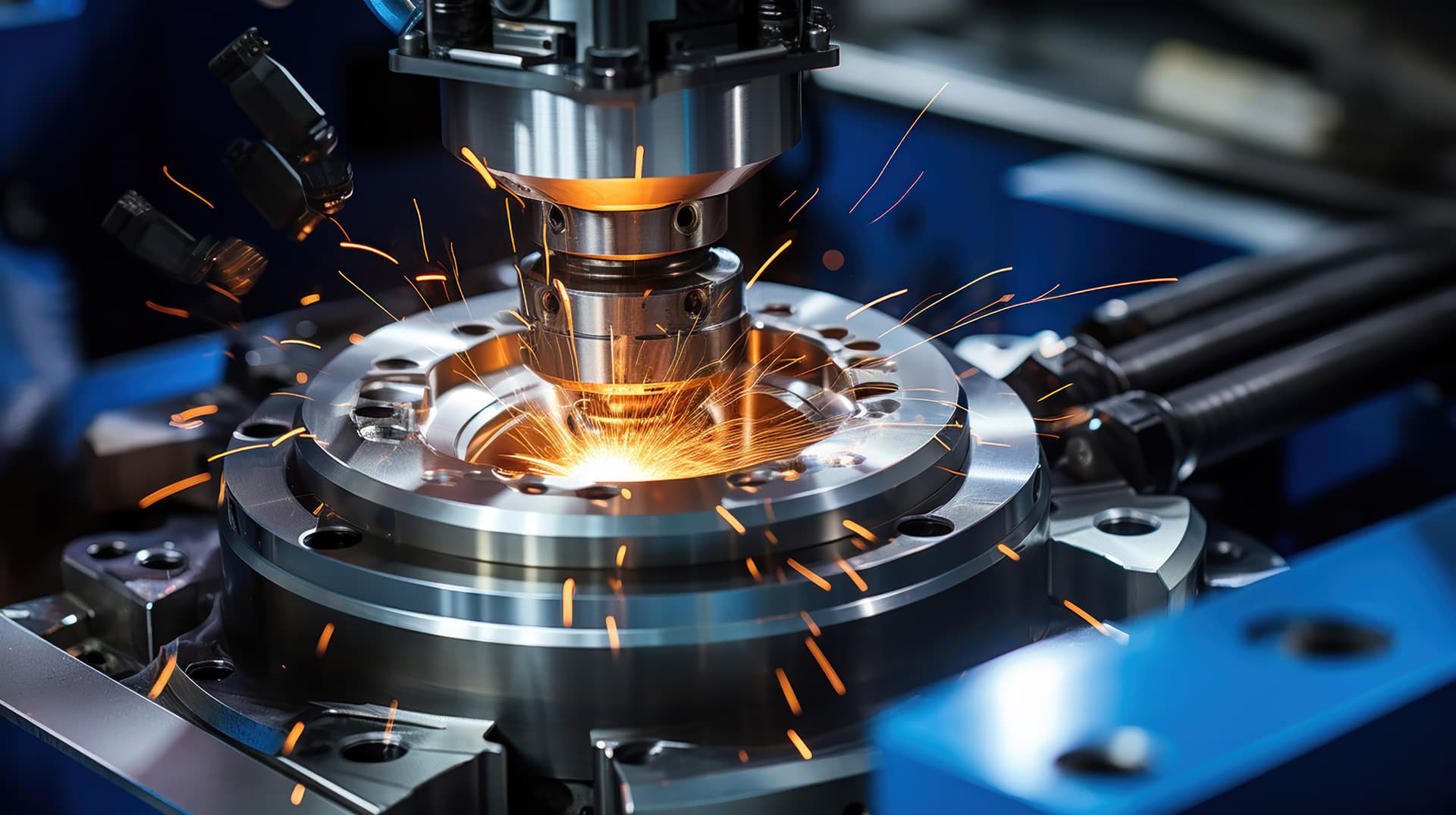 Circular precision machining operation with visible sparks